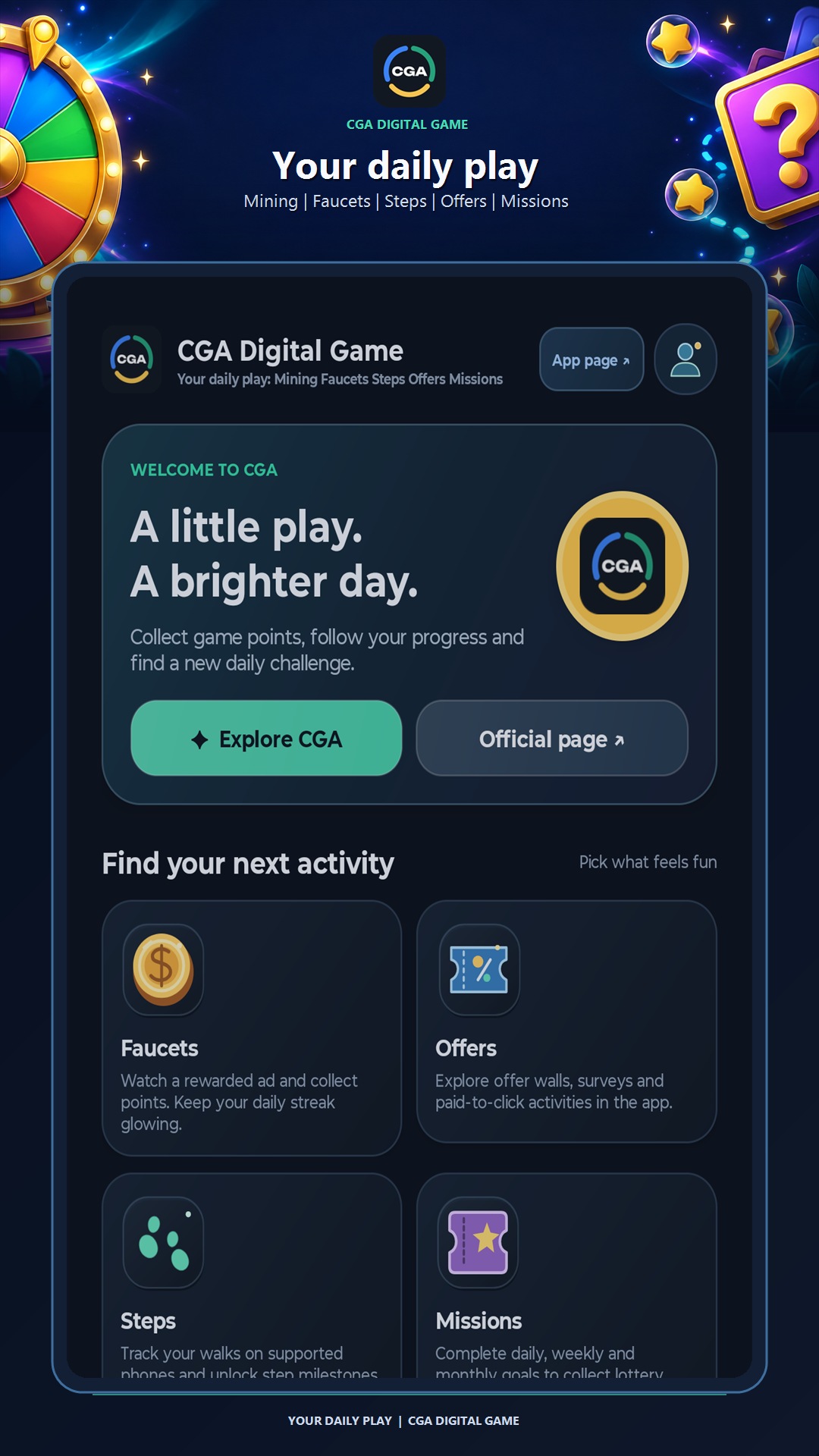 CGA home screen with daily activity cards