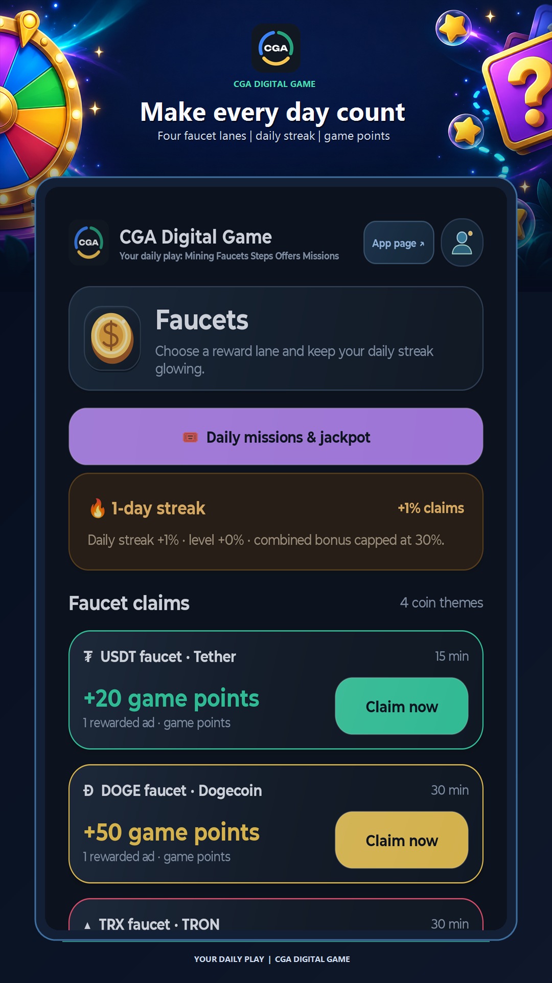 Four game faucet reward lanes and streak