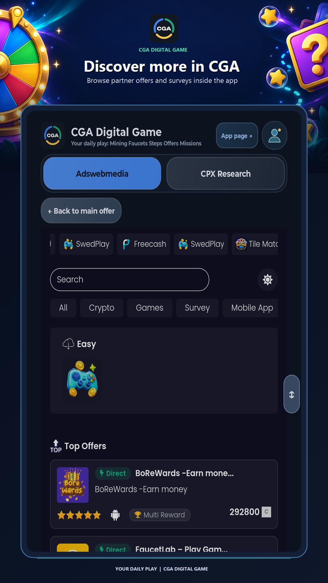In-app offerwall with AdswedMedia and CPX Research tabs