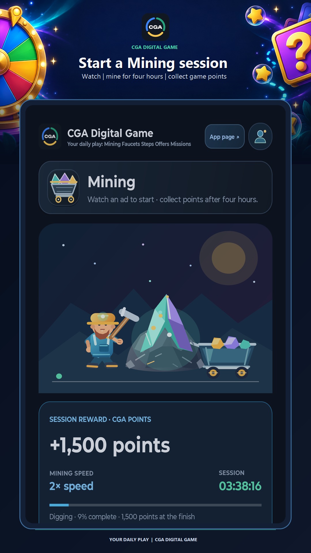 Virtual Mining screen with miner, cart and session points