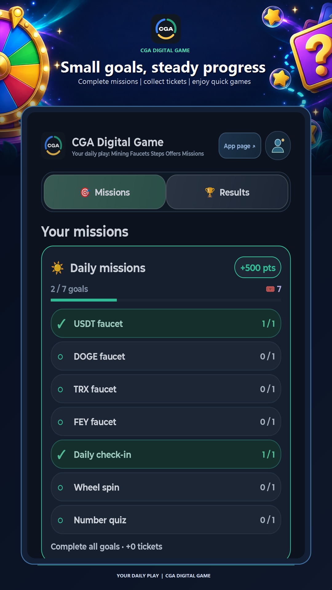 Daily missions and progress toward game tickets